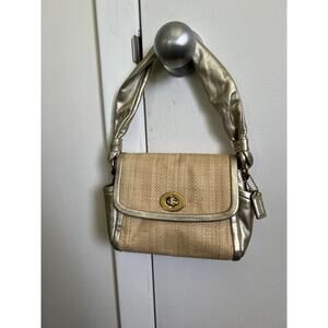 Coach Parker Straw Top Handle Handbag GOLD leather trim #42475